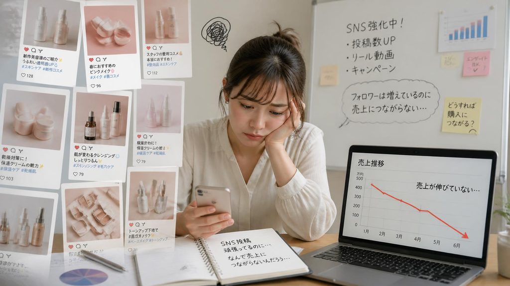 化粧品ブランド担当者がsnsをたくさん投稿しても売上が伸びていかない様子